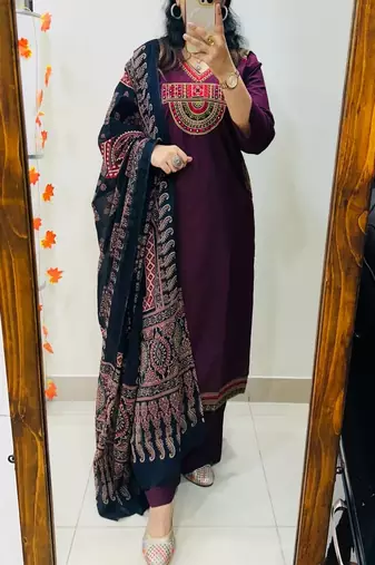 Floral embroidered  cotton v neck kurta trouser & dupatta set