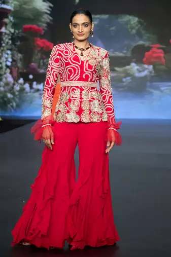 Red embroidered rawsilk sharara set