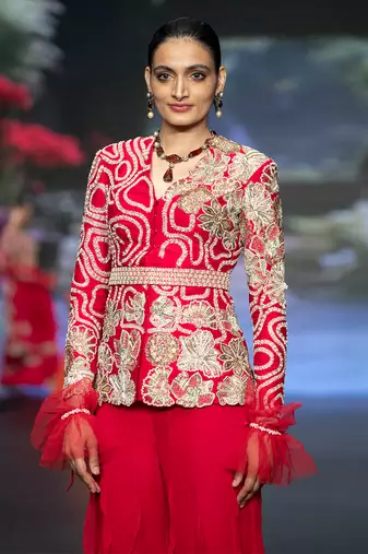 Red embroidered rawsilk sharara set