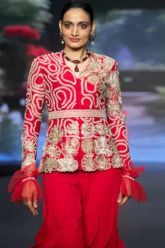 Red embroidered rawsilk sharara set