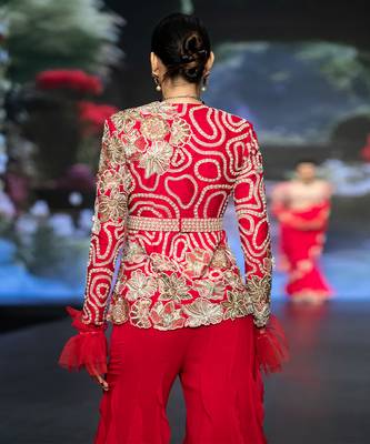 Red embroidered rawsilk sharara set 5