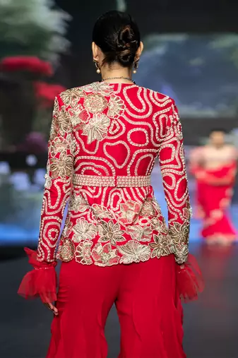 Red embroidered rawsilk sharara set