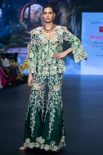 Green embroidered rawsilk sharara set