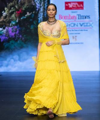 Yellow embroidered rawsilk anarkali set 1