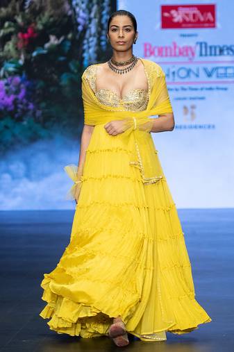 Yellow embroidered rawsilk anarkali set