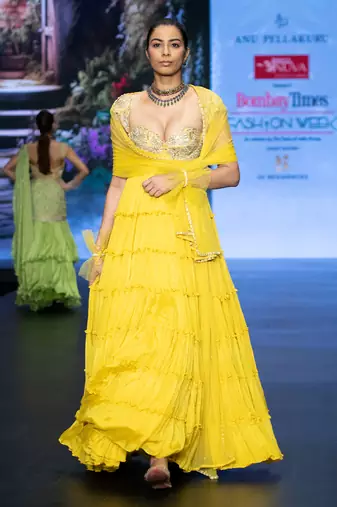 Yellow embroidered rawsilk anarkali set