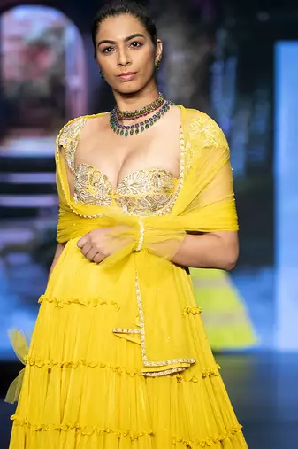 Yellow embroidered rawsilk anarkali set
