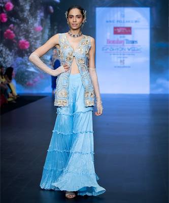 Blue embroidered rawsilk sharara set 1