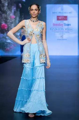 Blue embroidered rawsilk sharara set