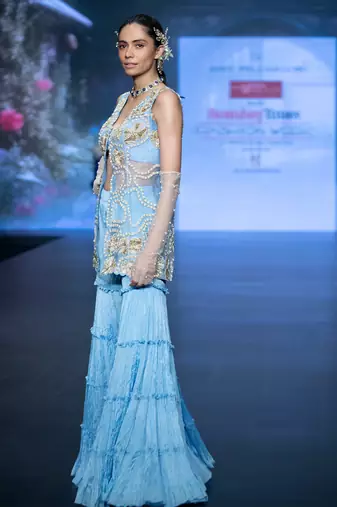 Blue embroidered rawsilk sharara set