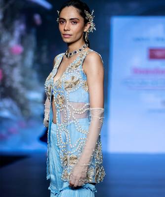 Blue embroidered rawsilk sharara set 3