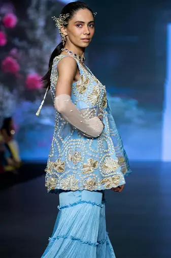 Blue embroidered rawsilk sharara set