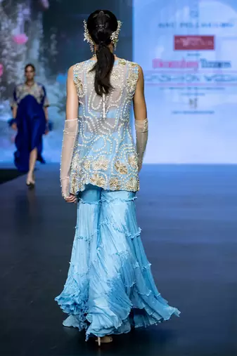 Blue embroidered rawsilk sharara set