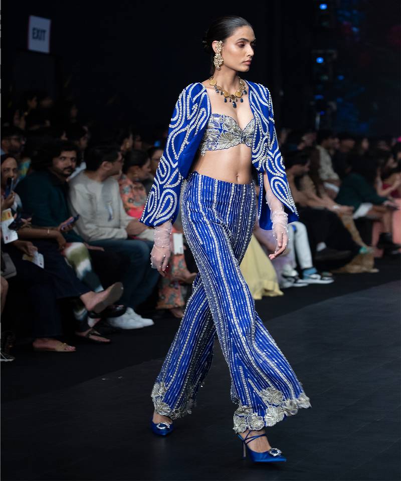 Royal blue embroidered rawsilk co ord set