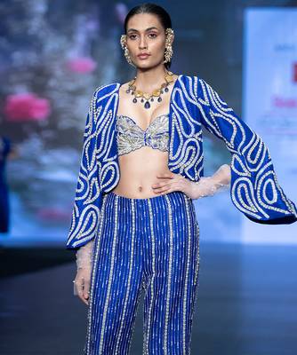 Royal blue embroidered rawsilk co ord set 3
