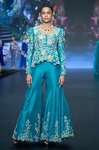 Blue embroidered rawsilk sharara set