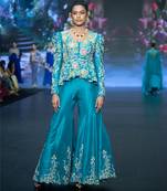 Blue embroidered rawsilk sharara set
