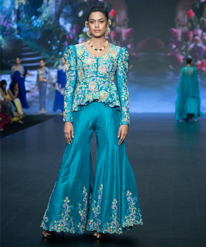 Blue embroidered rawsilk sharara set