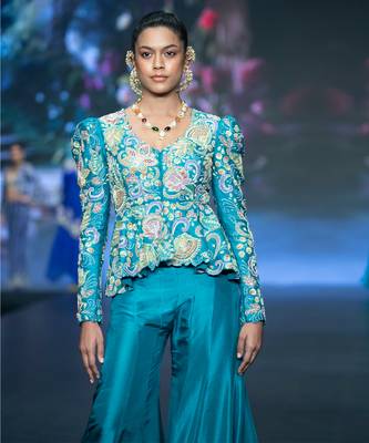 Blue embroidered rawsilk sharara set 2