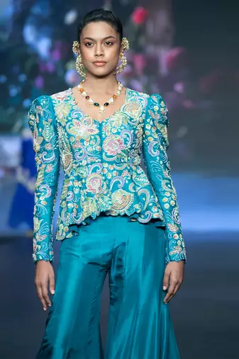 Blue embroidered rawsilk sharara set