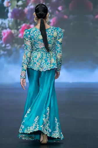 Blue embroidered rawsilk sharara set