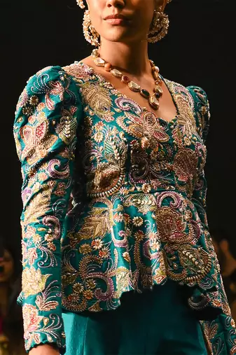 Blue embroidered rawsilk sharara set