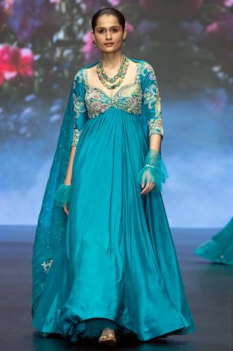 Blue embroidered rawsilk anarkali set