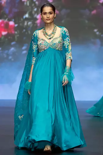 Blue embroidered rawsilk anarkali set