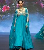 Blue embroidered rawsilk anarkali set
