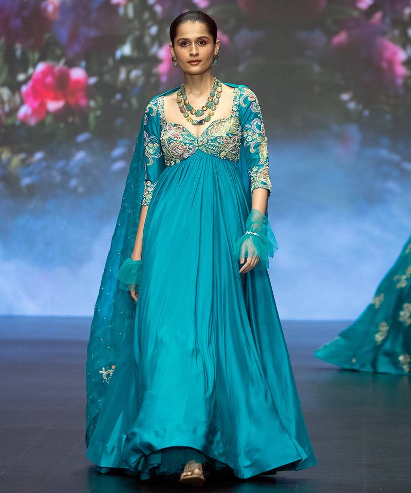 Blue embroidered rawsilk anarkali set