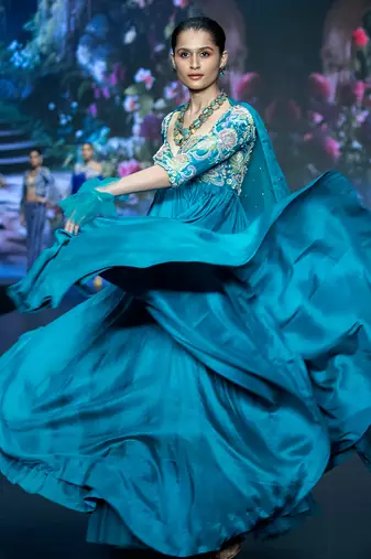 Blue embroidered rawsilk anarkali set