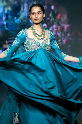Blue embroidered rawsilk anarkali set