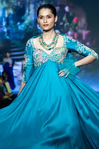 Blue embroidered rawsilk anarkali set