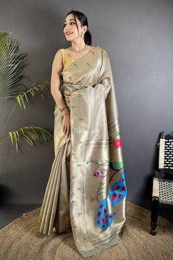 Beige tissue peacock & floral motifs mina zari weaving paithani saree
