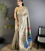Beige tissue peacock & floral motifs mina zari weaving paithani saree
