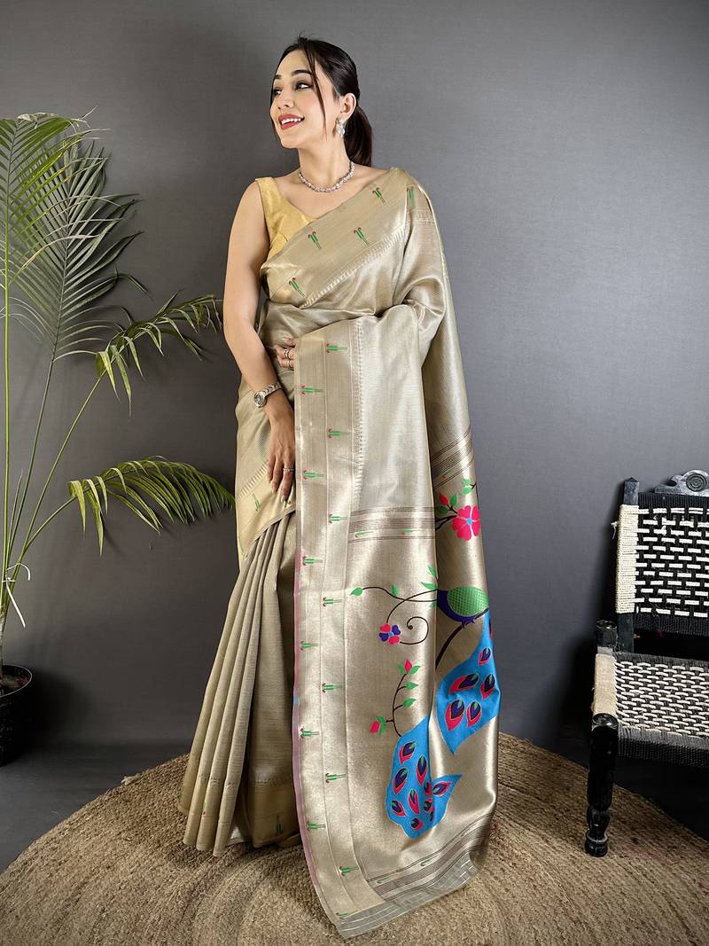 Beige tissue peacock & floral motifs mina zari weaving paithani saree
