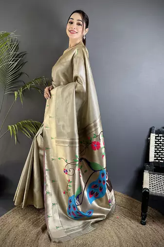 Beige tissue peacock & floral motifs mina zari weaving paithani saree