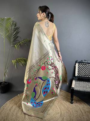 Beige tissue peacock & floral motifs mina zari weaving paithani saree 3