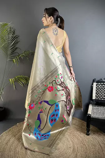Beige tissue peacock & floral motifs mina zari weaving paithani saree