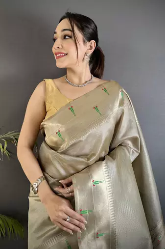 Beige tissue peacock & floral motifs mina zari weaving paithani saree