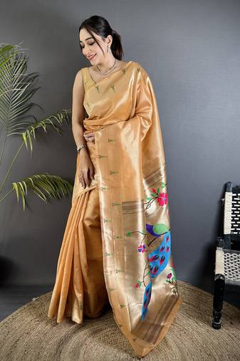 Gold yellow tissue peacock & floral motifs mina zari weaving paithani saree