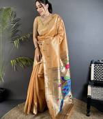 Gold yellow tissue peacock & floral motifs mina zari weaving paithani saree