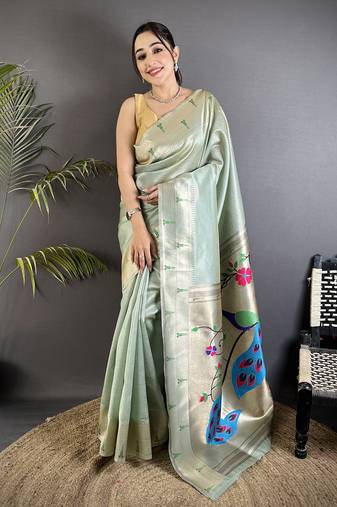 Pale blue tissue peacock & floral motifs mina zari weaving paithani saree