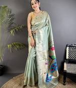 Pale blue tissue peacock & floral motifs mina zari weaving paithani saree