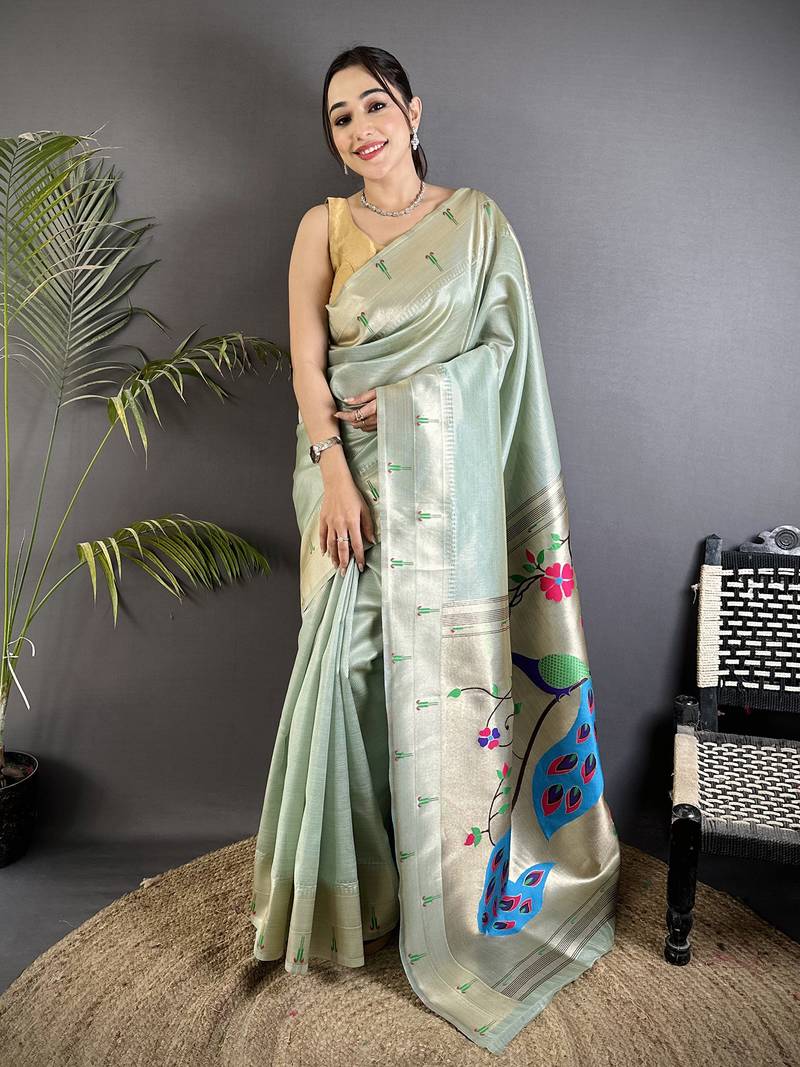 Pale blue tissue peacock & floral motifs mina zari weaving paithani saree