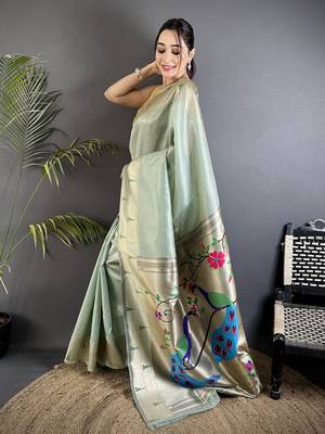 Pale blue tissue peacock & floral motifs mina zari weaving paithani saree 2