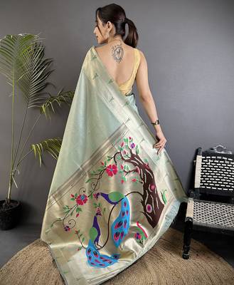 Pale blue tissue peacock & floral motifs mina zari weaving paithani saree 3