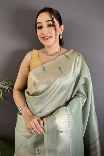 Pale blue tissue peacock & floral motifs mina zari weaving paithani saree