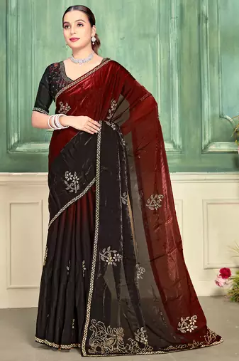 Maroon half n half fendy two tone satin silk saree for women