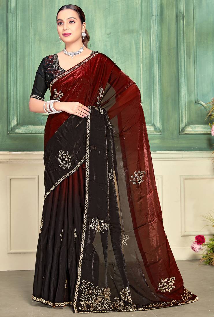 Maroon half n half fendy two tone satin silk saree for women